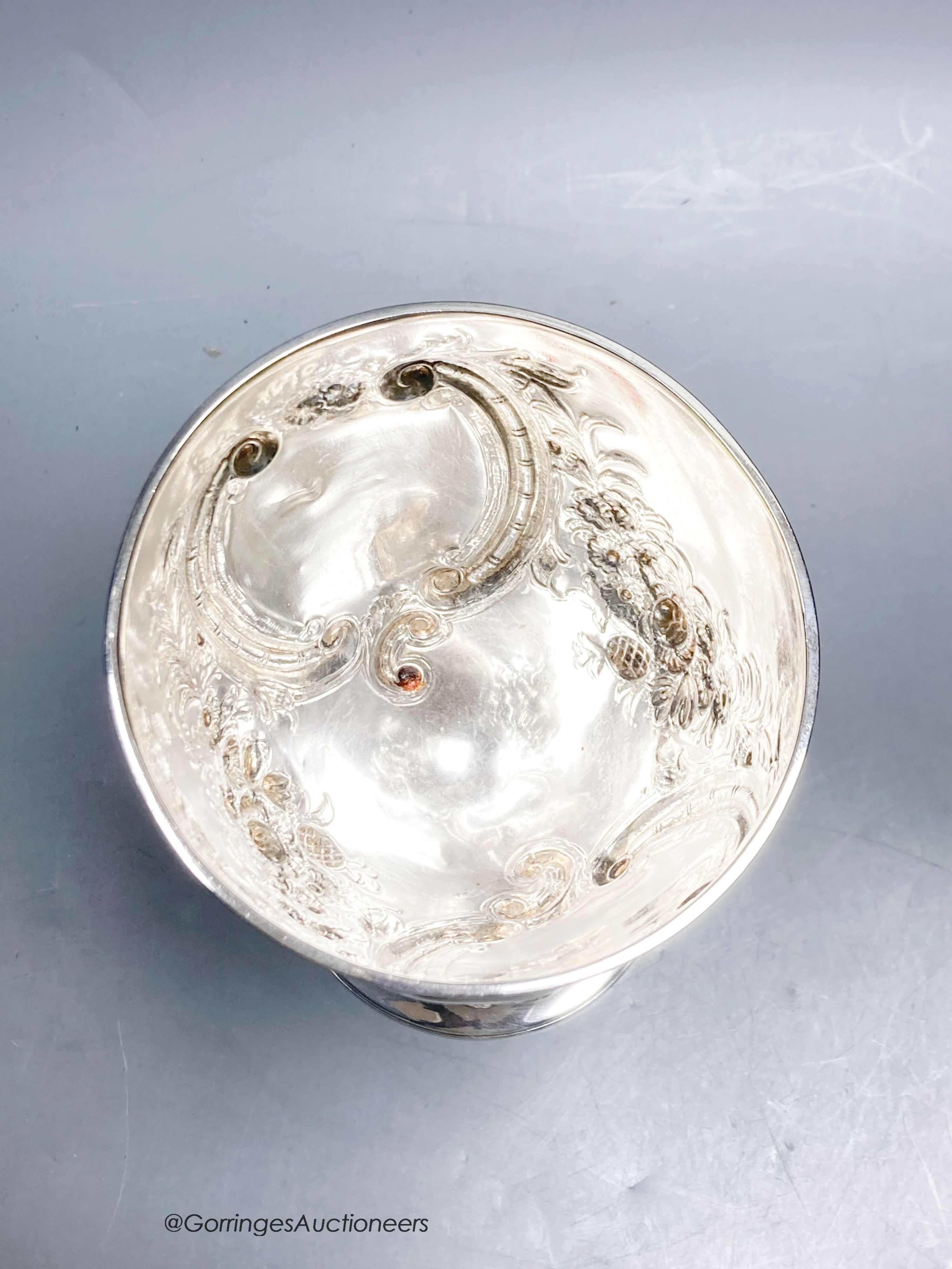 A Victorian embossed silver goblet, Samuel Keeley, Birmingham, 1861, height 16.9cm, 9oz.